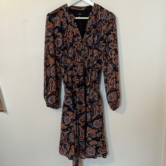 JBS Paisley Long Sleeve Deep V-Neck Dress with Belt at waist size 8 - Picture 1 of 9